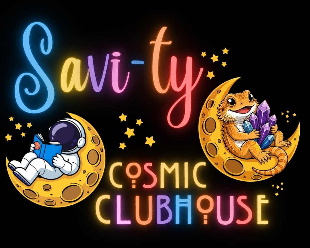 Savi-Ty Cosmic Clubhouse — astronaut reading and Pickles with crystals on crescent moons